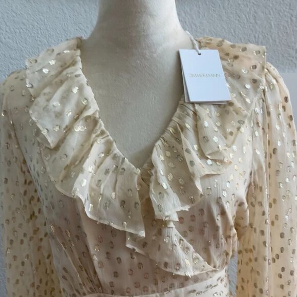 Zimmermann Ruffled Metallic Silk Wrap Minidress - Picture 2 of 10